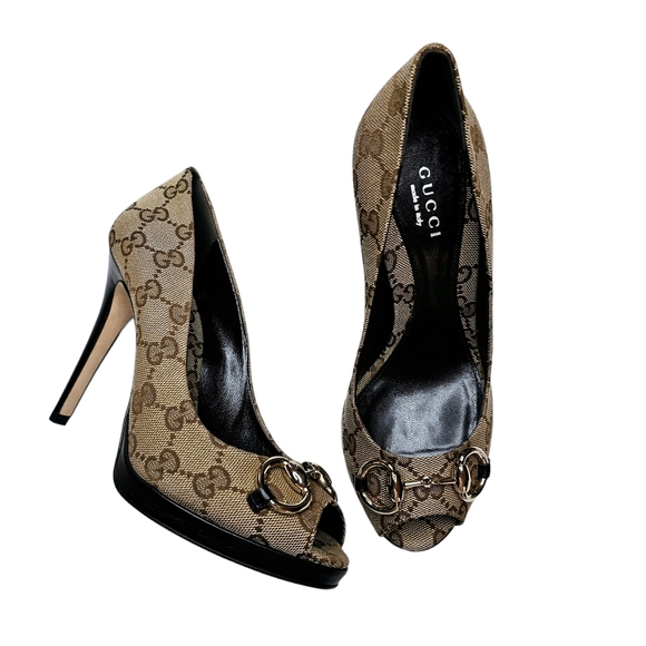 Gucci Shoes - Gucci GG Monogram Horsebit Pumps Size 35.5 Peep Toe Heels Brown Beige New
